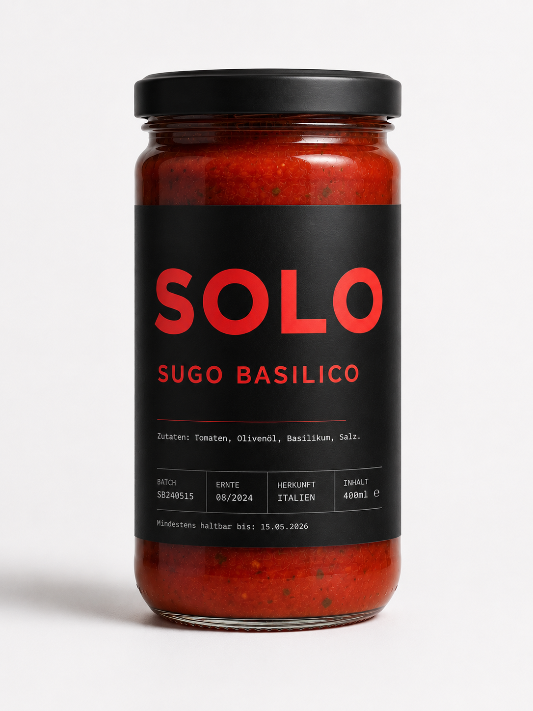 SOLO Sugo Basilico – 400 ml Glas, schwarzes Etikett